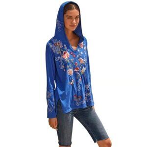 Johnny Was Jailyn Embroidered Beach Hooded Top Womens L Large Blue Long Sleeve